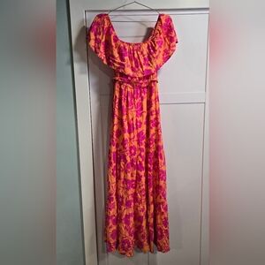 Flying Tomato Off The Shoulder Long Maxi Dress Women's Small Pink/Orange EUC